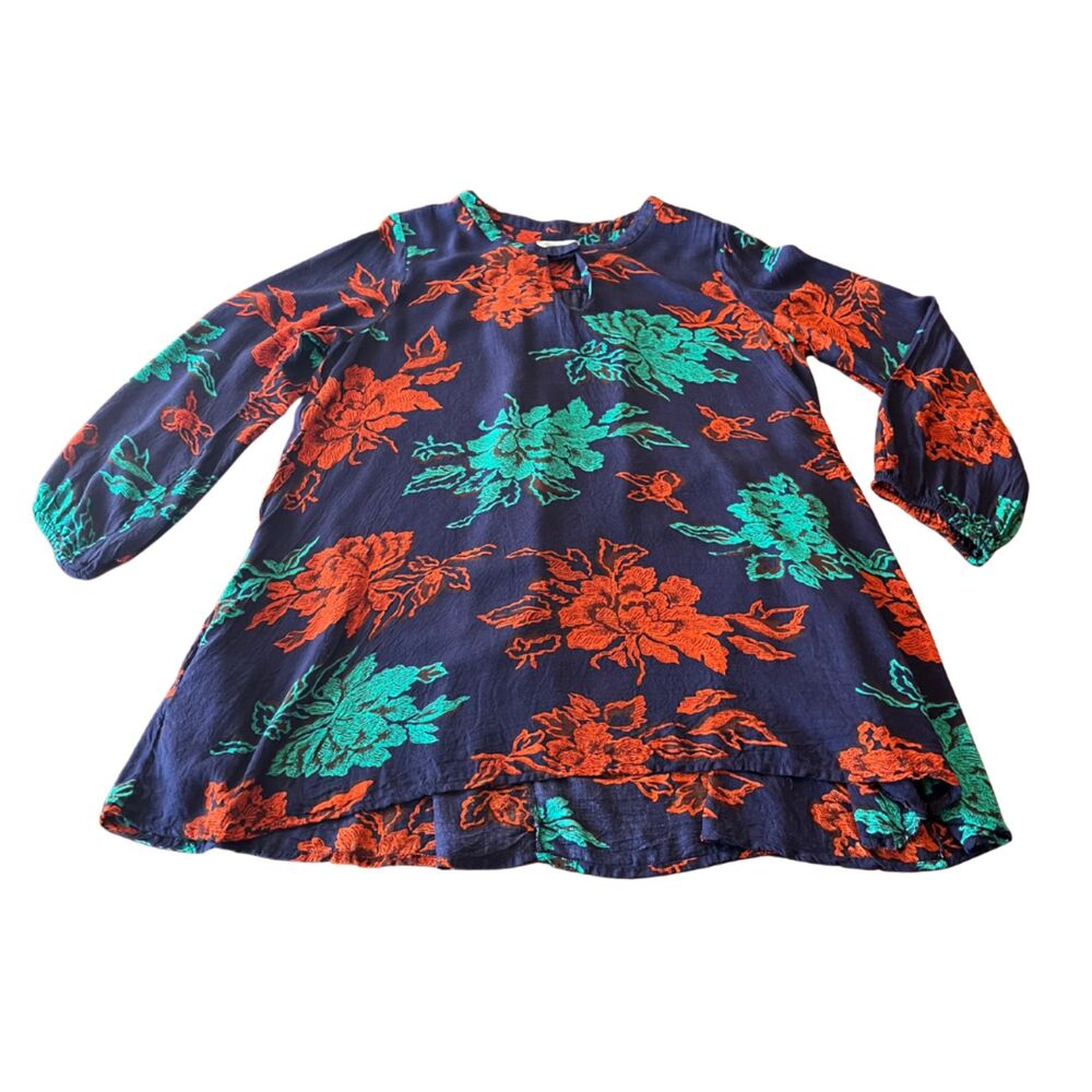 World Market Boho Floral Tunic Top L/XL Good Pre-Owned Keyhole Neck Long Sleeve